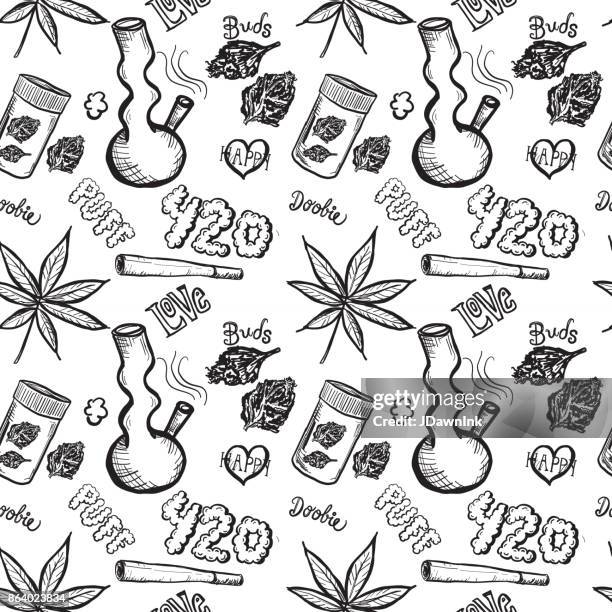 cannabis weed culture marijuana dispensary hand drawn patterns - marijuana joint stock illustrations