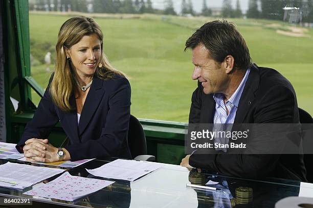 Golf Channel on air talent, Kelly Tilghman, left, and Nick Faldo, right, during the second round of the Mercedes-Benz Championship held on the...