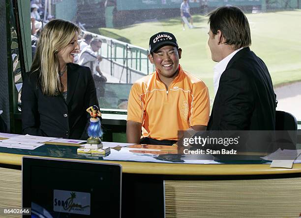 Golf Channel on-air talent Kelly Tilghman, and Nick Flado interview Tadd Fujikawa after the third round of the Sony Open in Hawaii held at Waialae...