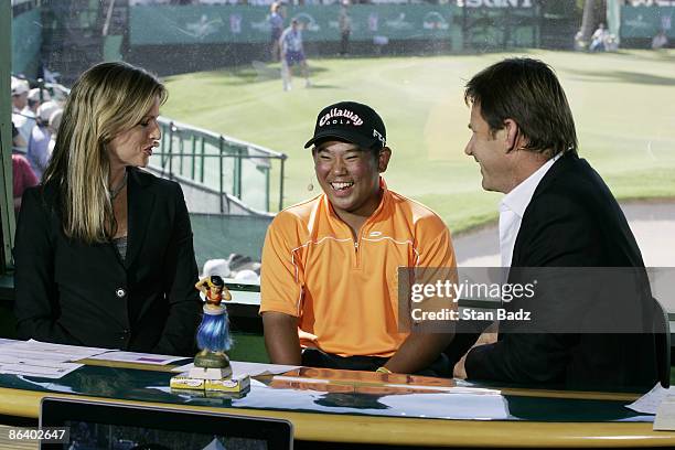 Golf Channel on-air talent Kelly Tilghman, and Nick Flado interview Tadd Fujikawa after the third round of the Sony Open in Hawaii held at Waialae...