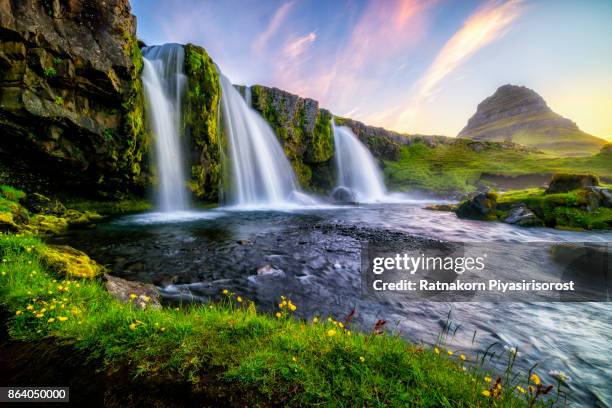 kirkjufell at sunrise in summer - spring flowing water stock pictures, royalty-free photos & images