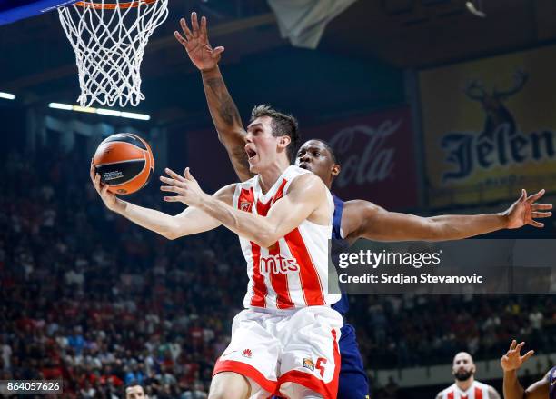 Nikola Radicevic of Crvena Zvezda in action against Kevin Seraphin of Barcelona during the 2017/2018 Turkish Airlines EuroLeague Regular Season game...