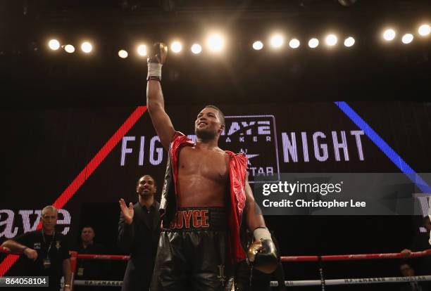 Joe "Juggernaut" Joyce celebrates his victory over Ian Lewison in the Heavyweight Fight during the Hayemaker Ringstar Fight Night at O2 Indigo on...