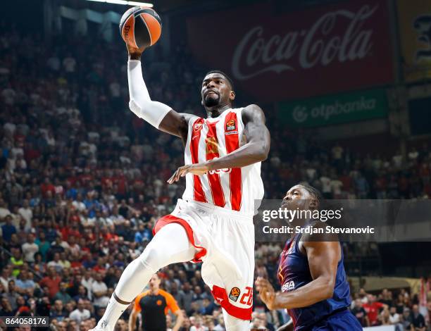 Mathias Lessort of Crvena Zvezda in action against Kevin Seraphin of Barcelona during the 2017/2018 Turkish Airlines EuroLeague Regular Season game...