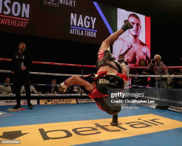 Joe "Juggernaut" Joyce celebrates his victory over Ian Lewison with a flip in the Heavyweight Fight during the Hayemaker Ringstar Fight Night at O2...