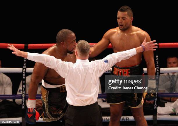 The referee stops the fight as Joe Joyce wins during the Heavyweight fight between Joe Joyce and Ian Lewison at The O2 Arena on October 20, 2017 in...