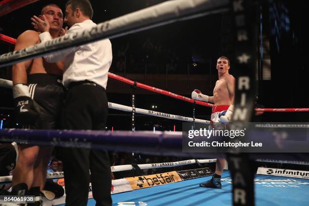 Willy "Braveheart" Hutchinson celebrates his victory over Attila Tibor Nagy in a Light-Heavyweight fight during the Hayemaker Ringstar Fight Night at...