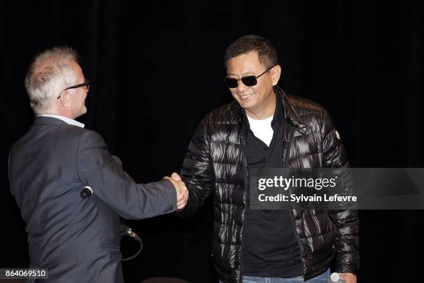 Thierry Fremaux and director Wong Kar-wai attends "Welcome to Wong Kar-wai" master class during 9th Film Festival Lumiere on October 20, 2017 in...