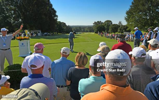 Fred Funk plays a tee shot on the first hole during the first round of the PGA TOUR Champions Dominion Energy Charity Classic at The Country Club of...