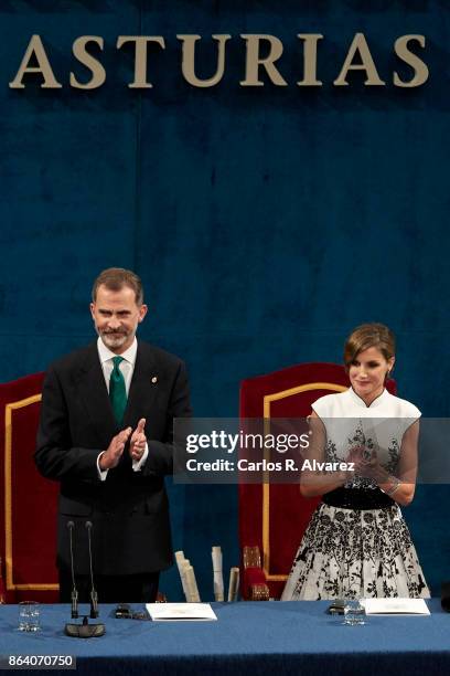 King Felipe VI of Spain and Queen Letizia of Spain attend the Princesa de Asturias Awards 2017 ceremony at the Campoamor Theater on October 20, 2017...