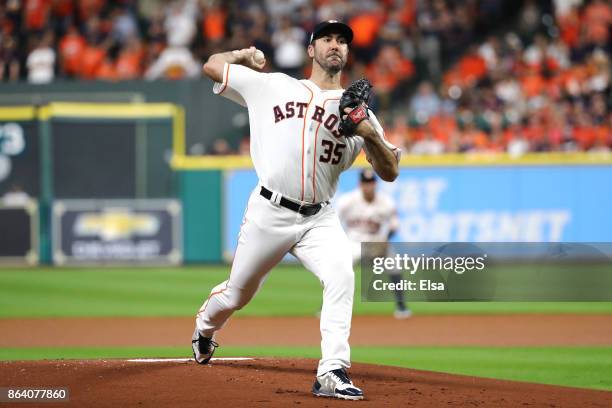 Justin Verlander of the Houston Astros throws a pitch against the New York Yankees during the first inning in Game Six of the American League...