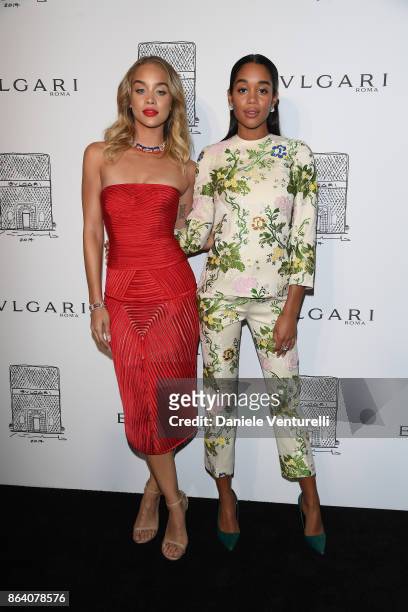 Jasmine Sanders and Laura Harrier attend a party to celebrate the Bvlgari Flagship Store Reopening on October 20, 2017 in New York City.