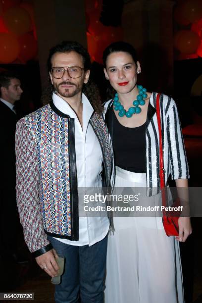 Galerist Lorenzo Fischi and Laura Salas Redondo attend the "Bal Jaune Elastique 2017" : Dinner Party at Palais Brongniart during FIAC on October 20,...