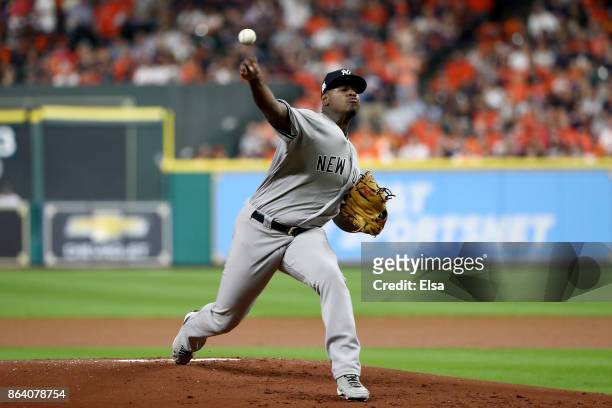 Luis Severino of the New York Yankees throws a pitch against the Houston Astros during the first inning in Game Six of the American League...