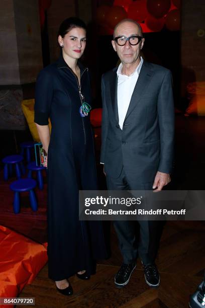 Alice Ricard and Bernard Frize attend the "Bal Jaune Elastique 2017" : Dinner Party at Palais Brongniart during FIAC on October 20, 2017 in Paris,...