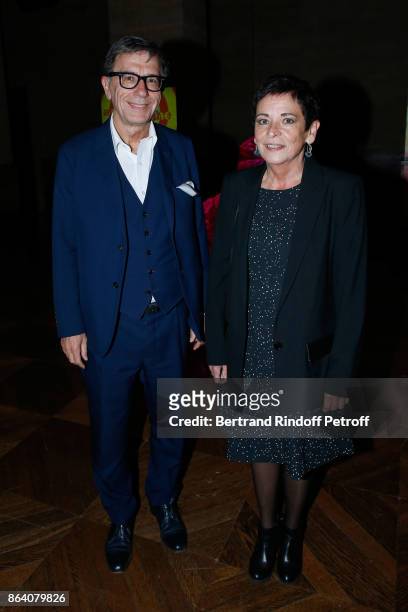 President of Centre Pompidou Serge Lasvignes and his wife Martine attend the "Bal Jaune Elastique 2017" : Dinner Party at Palais Brongniart during...