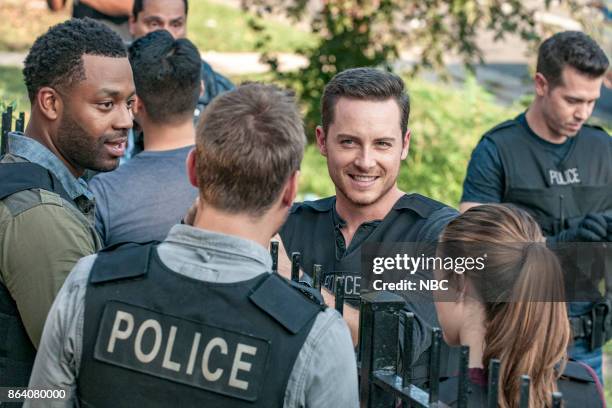 Fallen" Episode 506 -- Pictured: LaRoyce Hawkins as Kevin Atwater, Patrick John Flueger as Adam Ruzek, Jesse Lee Soffer as Jay Halstead, Marina...