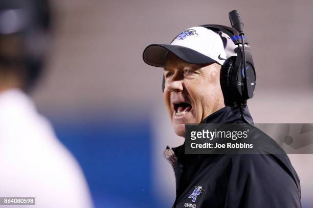 Head coach Rick Stockstill of the Middle Tennessee Blue Raiders looks on in the second quarter of a game against the Marshall Thundering Herd at...