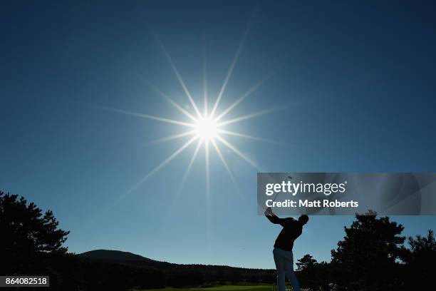 Tony Finau of the United States hits his tee shot on the 4th hole during the third round of the CJ Cup at Nine Bridges on October 21, 2017 in Jeju,...