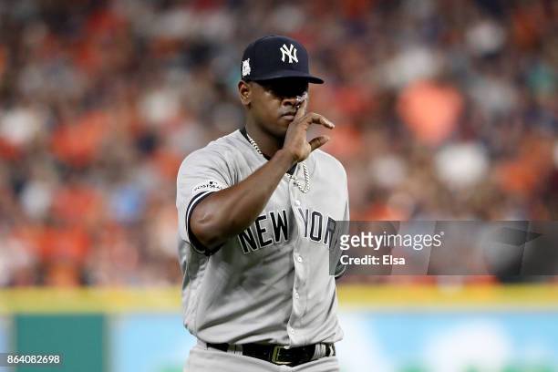 Luis Severino of the New York Yankees reacts after a pitch to Alex Bregman of the Houston Astros during the second inning in Game Six of the American...