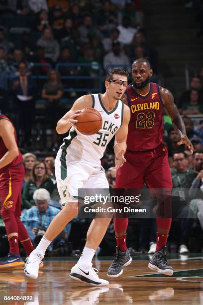 Milwaukee, WI Mirza Teletovic of the Milwaukee Bucks handles the ball against the Cleveland Cavaliers on October 20, 2017 at the BMO Harris Bradley...