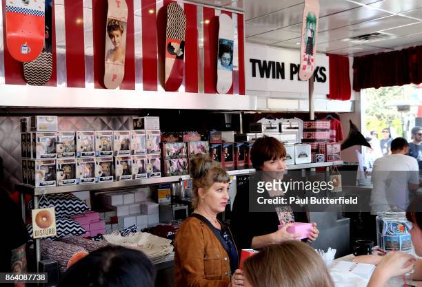 Actors Kimmy Robertson and Nicole LaLiberte speak with fans and patrons at Showtime's "Twin Peaks" Double R Diner Pop-Up on Melrose Avenue on October...