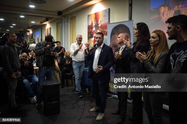 Luca Marsella , Mauro Antonini , Nina Moric , and Carlotta Chiaraluce speak during the meeting organized by far-right political movement Casapound to...