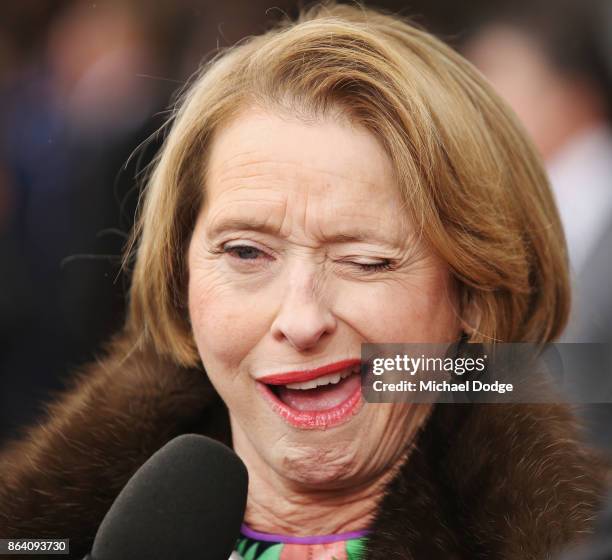 Trainer Gai Waterhouse reacts after Our Crown Mistress won race 1 the Resimax Group Plate during Melbourne Racing at Caulfield Racecourse on October...