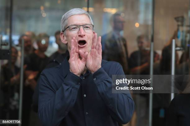 Apple CEO Tim Cook greets guests at the grand opening of Apple's Chicago flagship store on Michigan Avenue October 20, 2017 in Chicago, Illinois. The...