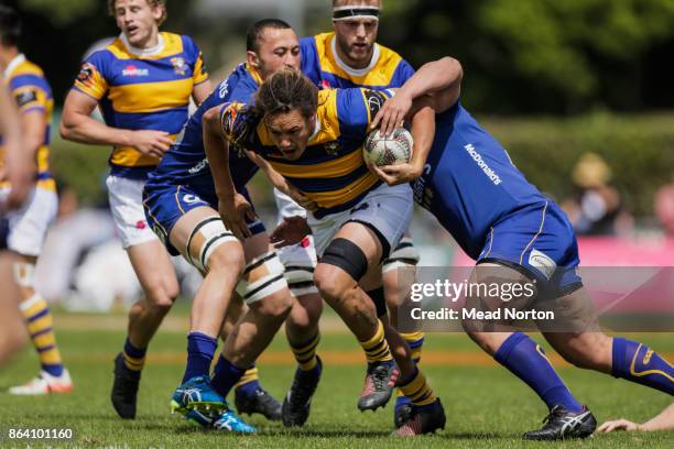 Jesse Parete of the Steamers breaking through the Otago defense during the Mitre 10 Cup Semi Final match between Bay of Plenty and Otago on October...