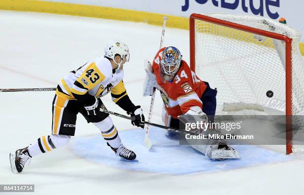 Conor Sheary of the Pittsburgh Penguins scores the game winning goal during a game against the Florida Panthers at BB&T Center on October 20, 2017 in...