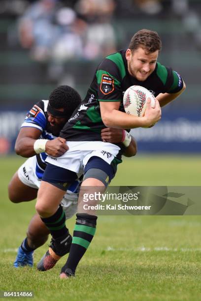 Liam Edwards of South Canterbury is tackled during the Heartland Championship Semi Final match between South Canterbury and Wanganui on October 21,...