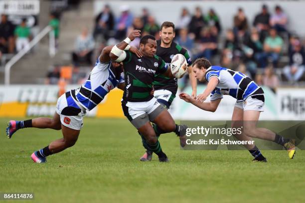 Vatiliai Tora of South Canterbury is tackled during the Heartland Championship Semi Final match between South Canterbury and Wanganui on October 21,...