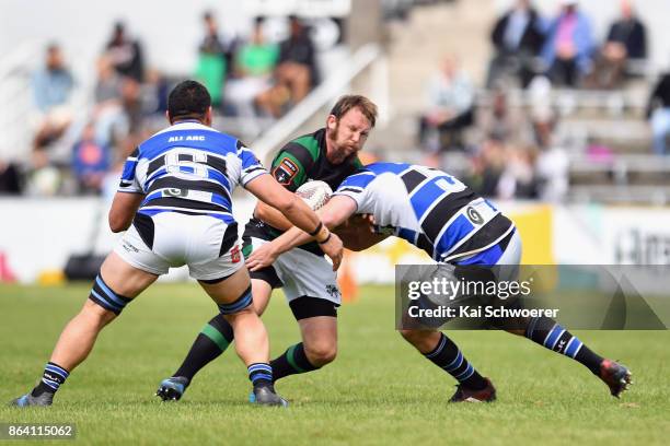 Jared Trevathan of South Canterbury is tackled during the Heartland Championship Semi Final match between South Canterbury and Wanganui on October...