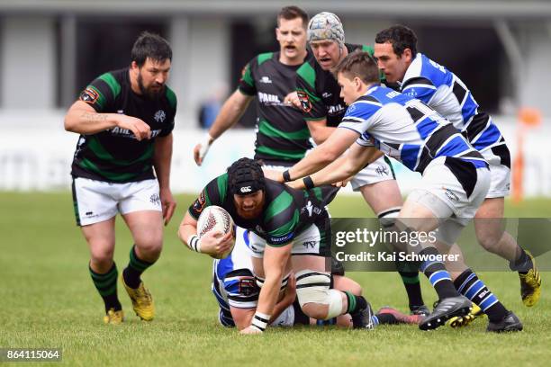 Kieran Coll of South Canterbury is tackled during the Heartland Championship Semi Final match between South Canterbury and Wanganui on October 21,...