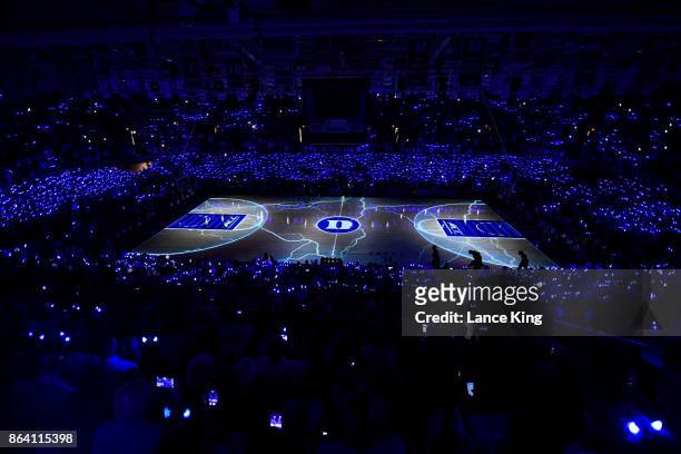 General view as a video is played on the court during Duke Countdown To Craziness at Cameron Indoor Stadium on October 20, 2017 in Durham, North...
