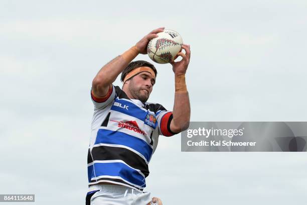 Sam Madams of Wanganui wins a lineout during the Heartland Championship Semi Final match between South Canterbury and Wanganui on October 21, 2017 in...