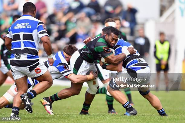 Setefano Sauqaqa of South Canterbury is tackled during the Heartland Championship Semi Final match between South Canterbury and Wanganui on October...