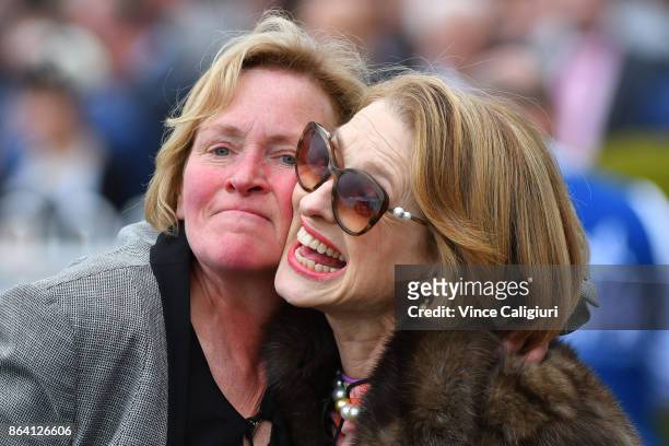 Trainer Gai Waterhouse celebrates with strapper Sally-Anne Burke after Pinot won Race 3, New Zealand Bloodstock Ethereal Stakes during Melbourne...