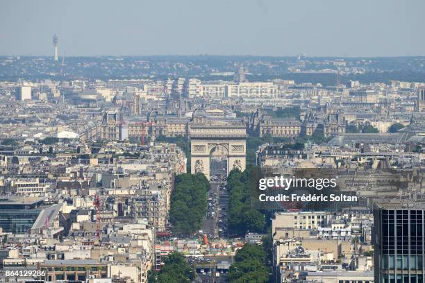 Aerial view of Paris from "La Defense" on June 16, 2017 in Paris, France.