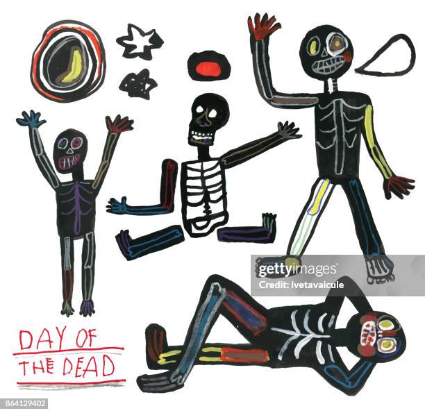 ilustrações de stock, clip art, desenhos animados e ícones de day of the dead hand drawn set of skeletons, moon, stars and candles - dead girl