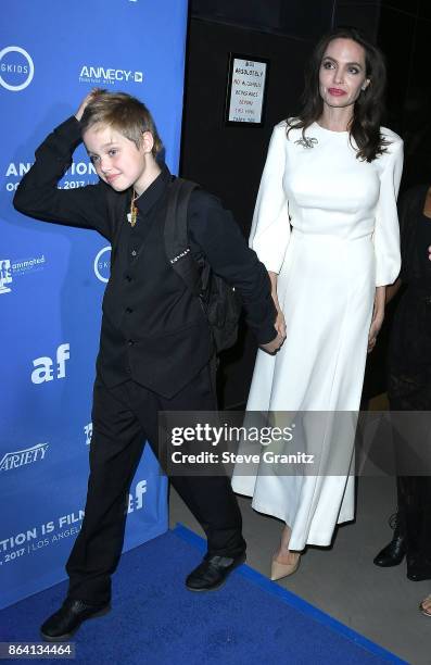 Shiloh Jolie-Pitt, Angelina Jolie arrives at the Premiere Of Gkids' "The Breadwinner" at TCL Chinese 6 Theatres on October 20, 2017 in Hollywood,...