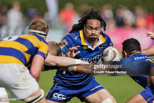 Aki Seiuli of Otago looking for somewhere to go during the Mitre 10 Cup Semi Final match between Bay of Plenty and Otago on October 21, 2017 in...