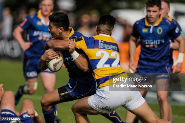 Matthew Garland of the Steamers making a tackle during the Mitre 10 Cup Semi Final match between Bay of Plenty and Otago on October 21, 2017 in...