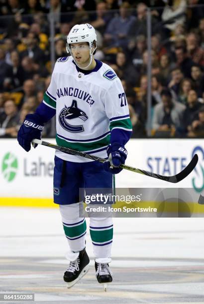 Vancouver Canucks defenseman Ben Hutton during a game between the Boston Bruins and the Vancouver Canucks on October 19 at TD Garden in Boston,...