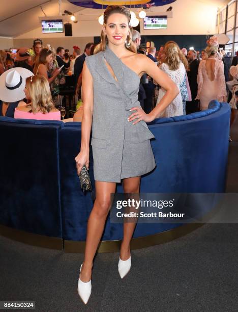 Jesinta Franklin attends the David Jones Marquee on Caulfield Cup Day at Caulfield Racecourse on October 21, 2017 in Melbourne, Australia.