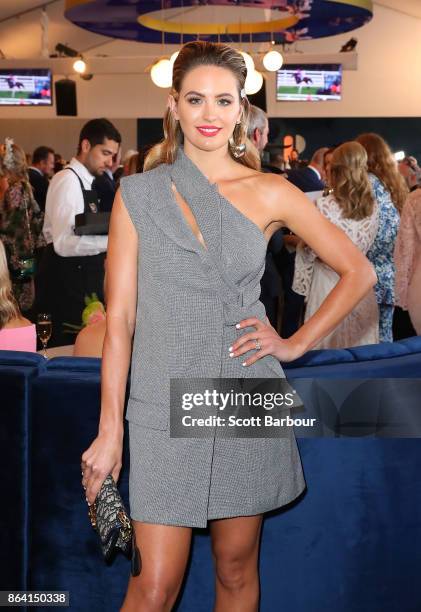 Jesinta Franklin attends the David Jones Marquee on Caulfield Cup Day at Caulfield Racecourse on October 21, 2017 in Melbourne, Australia.