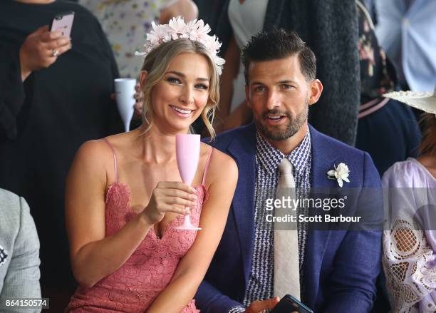 Tim Robards and Anna Heinrich attend the David Jones Marquee on Caulfield Cup Day at Caulfield Racecourse on October 21, 2017 in Melbourne, Australia.