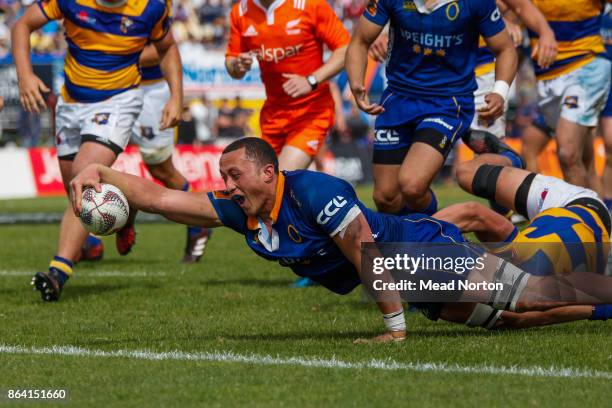 Sione Teu of Otago scoring a try during the Mitre 10 Cup Semi Final match between Bay of Plenty and Otago on October 21, 2017 in Tauranga, New...