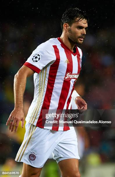 Alberto Botia of Olympiakos looks on during the UEFA Champions League group D match between FC Barcelona and Olympiakos Piraeus at Camp Nou on...